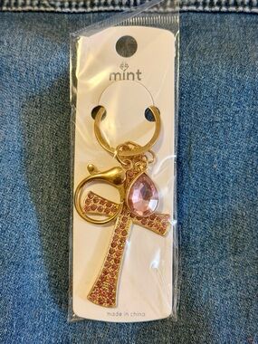 Mint Gold Cross Keychain with Pink Crystal